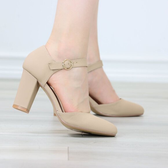 Beige High Heels Ankle Strap Almond Toe Block Classic Pumps Nubuck - Picture 4 of 12